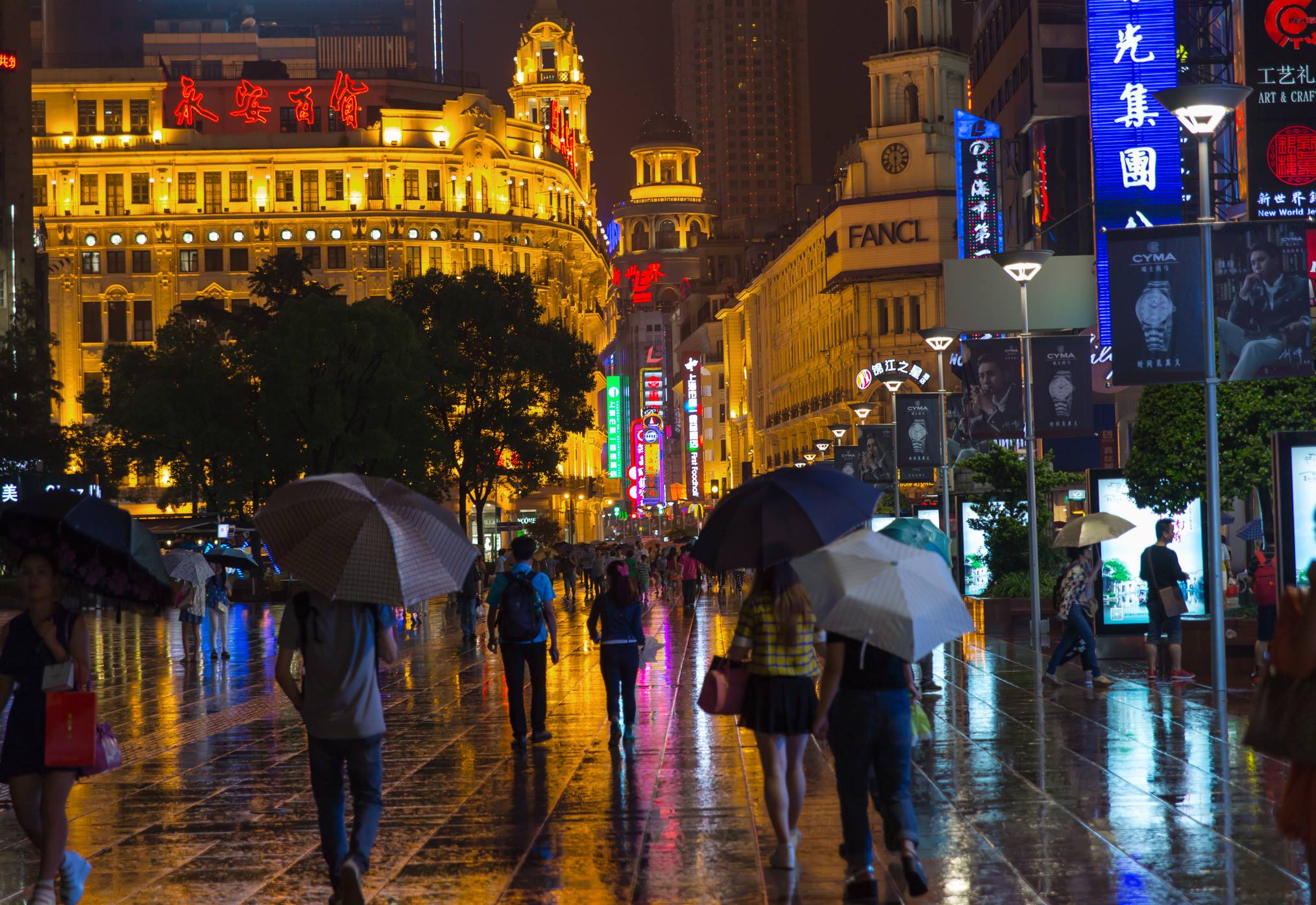 Rain and neon reflected on a Shanghai street at night, photographed by Chris Chatterton
